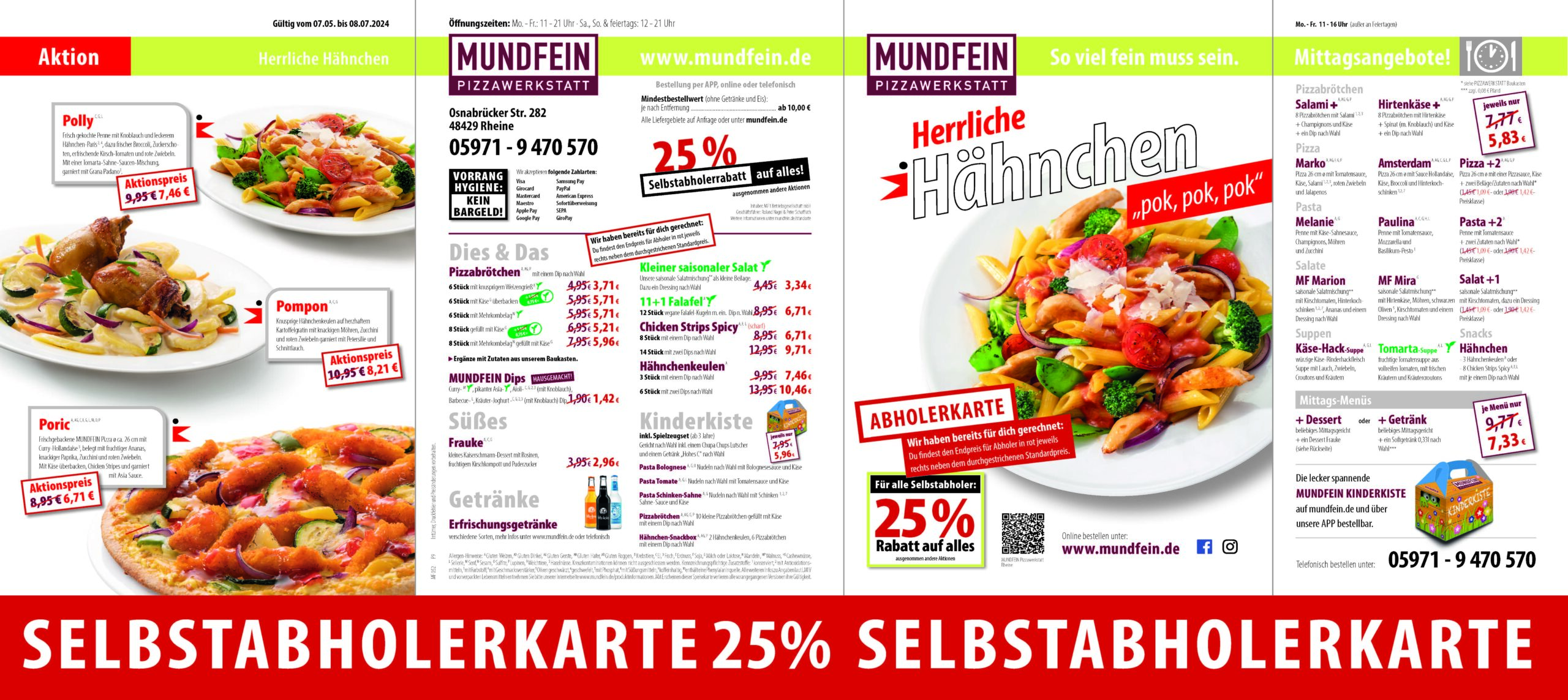 MUNDFEIN Pizzawerkstatt Rheine Vorderseite Speisekarte mit Selbstabholerrabattpreisen