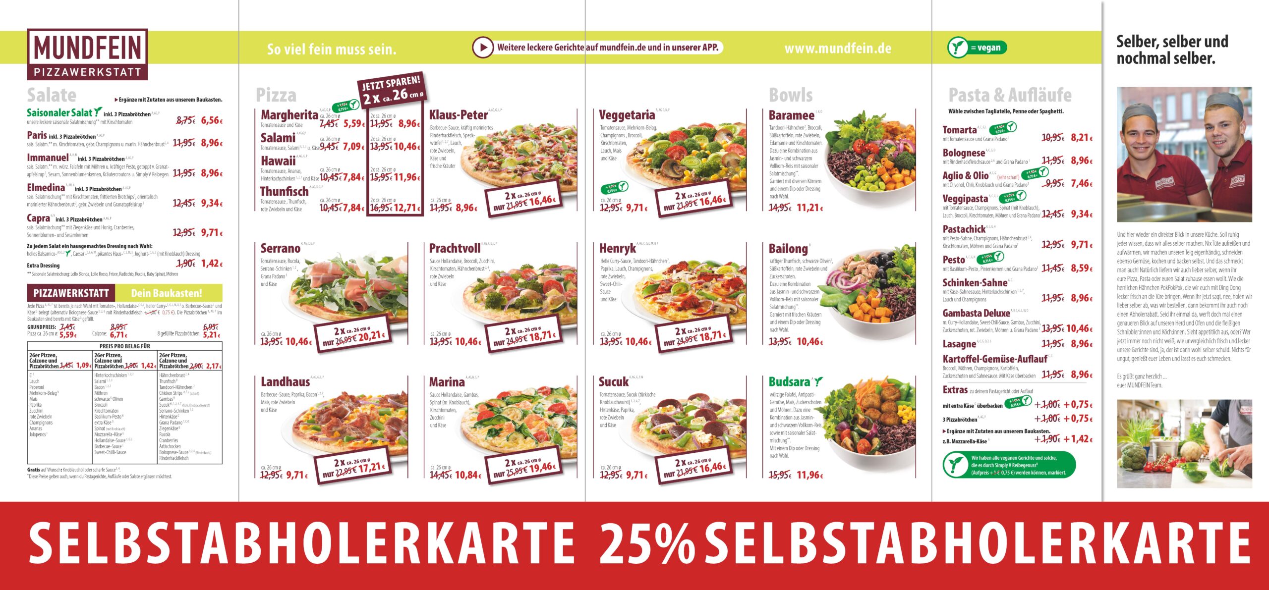 MUNDFEIN Pizzawerkstatt Rheine Rückseite Speisekarte mit Selbstabholerrabattpreisen