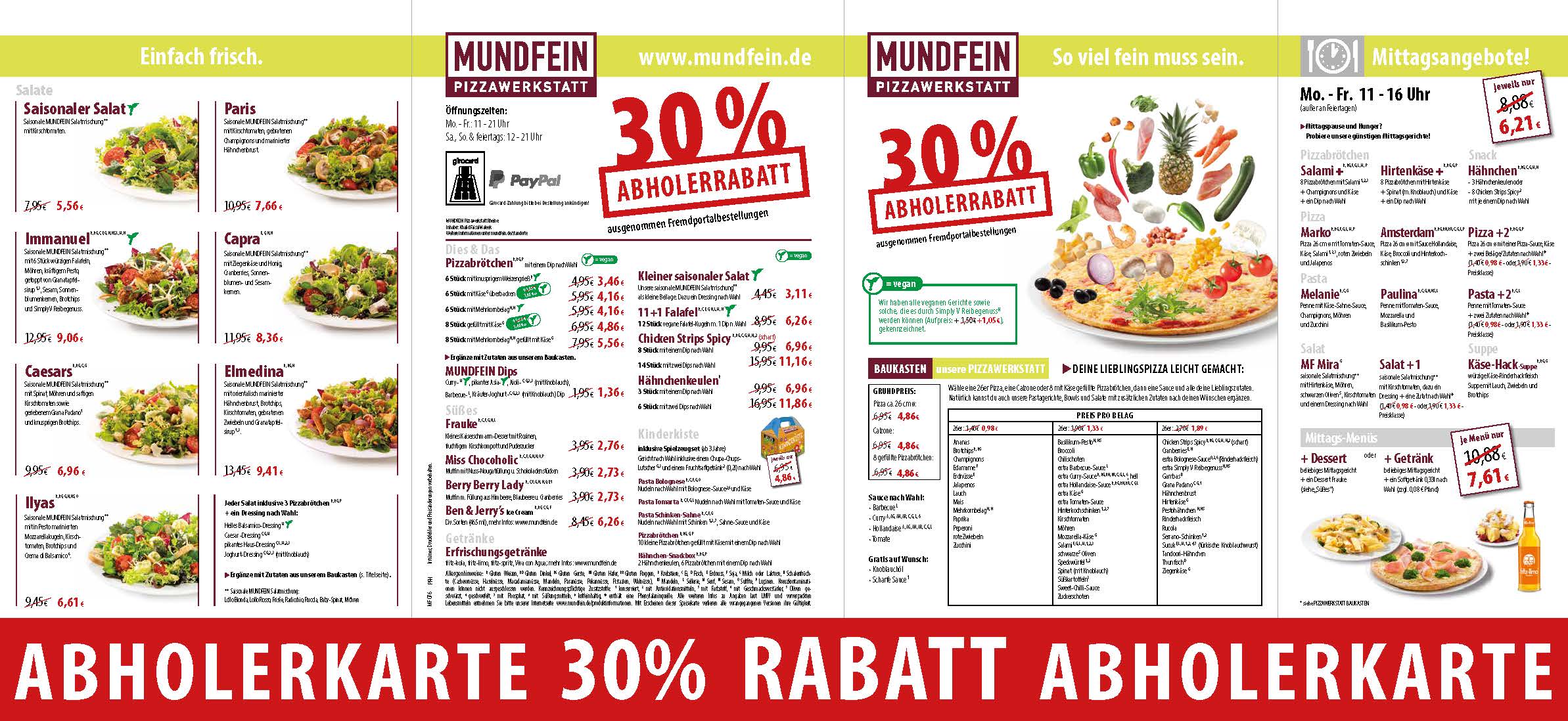 Speisekarte MUNDFEIN Pizzawerkstatt 30% Abholerrabatt auf alle 26er Pizzen Seite 1